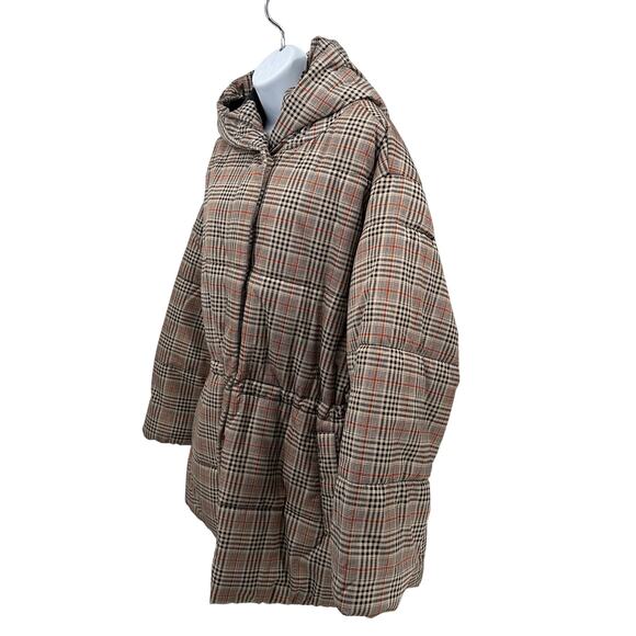 Ava & Viv Mid Length Puffer Jacket SZ 1X Tan Black Orange Hooded Snap Full Zip - Picture 10 of 14